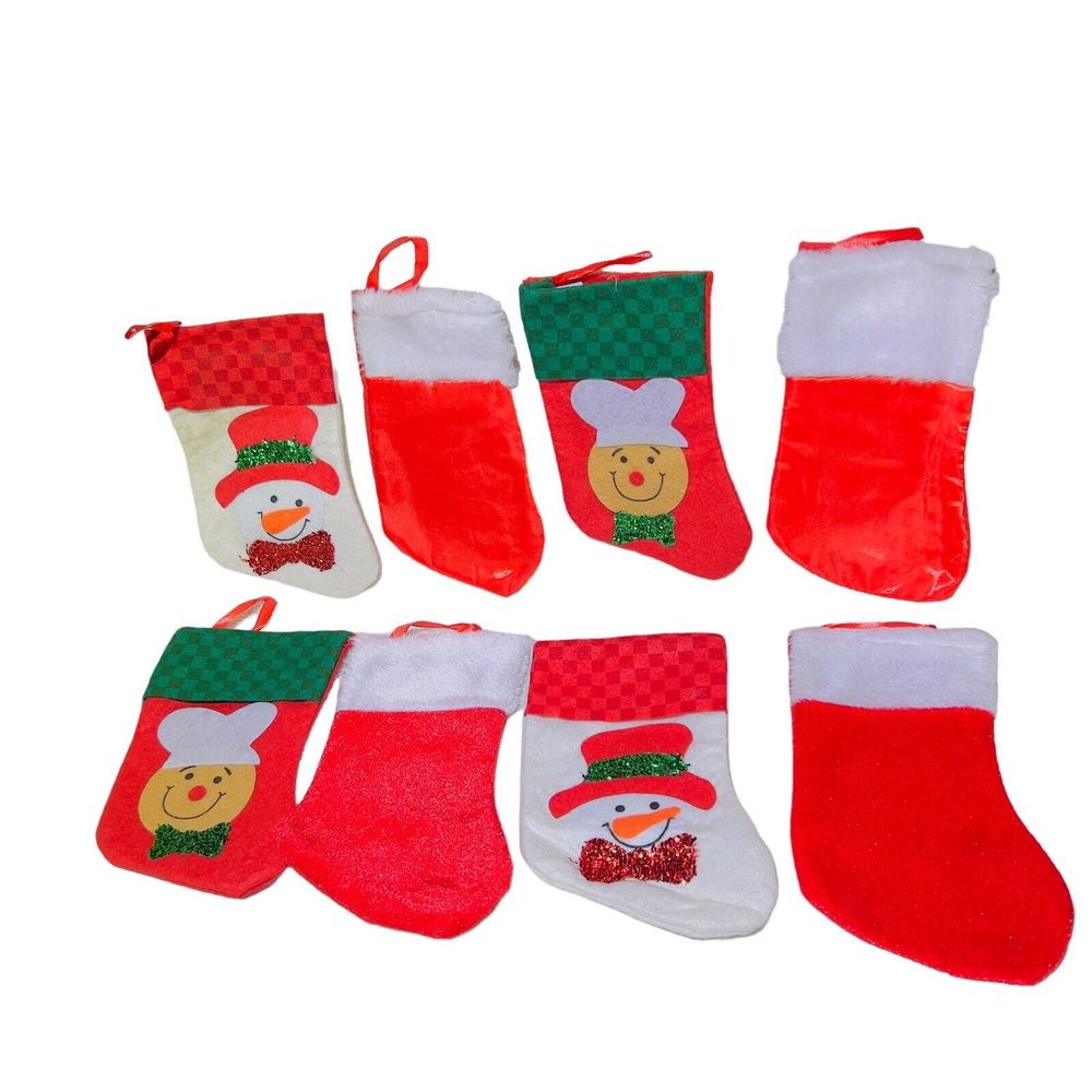 8 Mini Christmas Stockings Snowman & Chef -Red White Measures 6x3.5 & 7x4